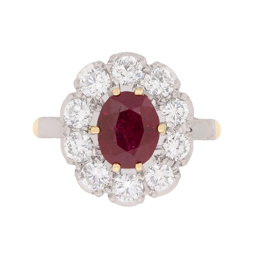 Vintage Ruby and Diamond Cluster Ring, circa 1940s
