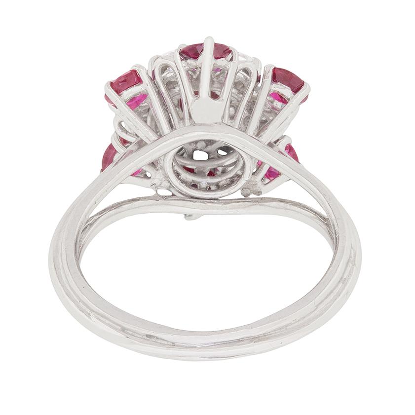 Round Cut Vintage Ruby and Diamond Cluster Ring, circa 1970s For Sale