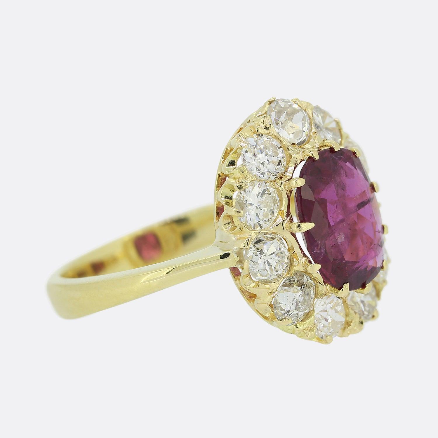 Cushion Cut Vintage Ruby and Diamond Cluster Ring For Sale