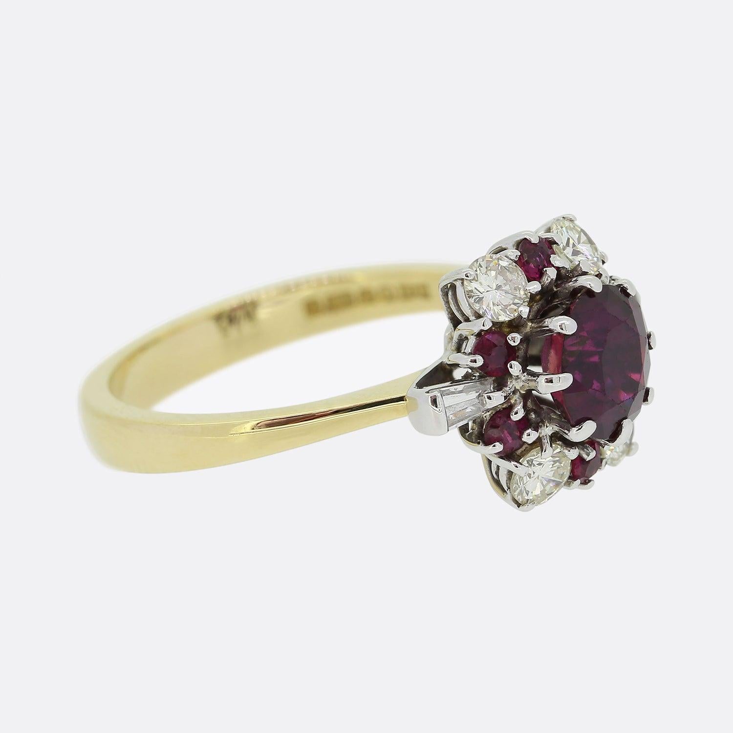 Round Cut Vintage Ruby and Diamond Cluster Ring For Sale