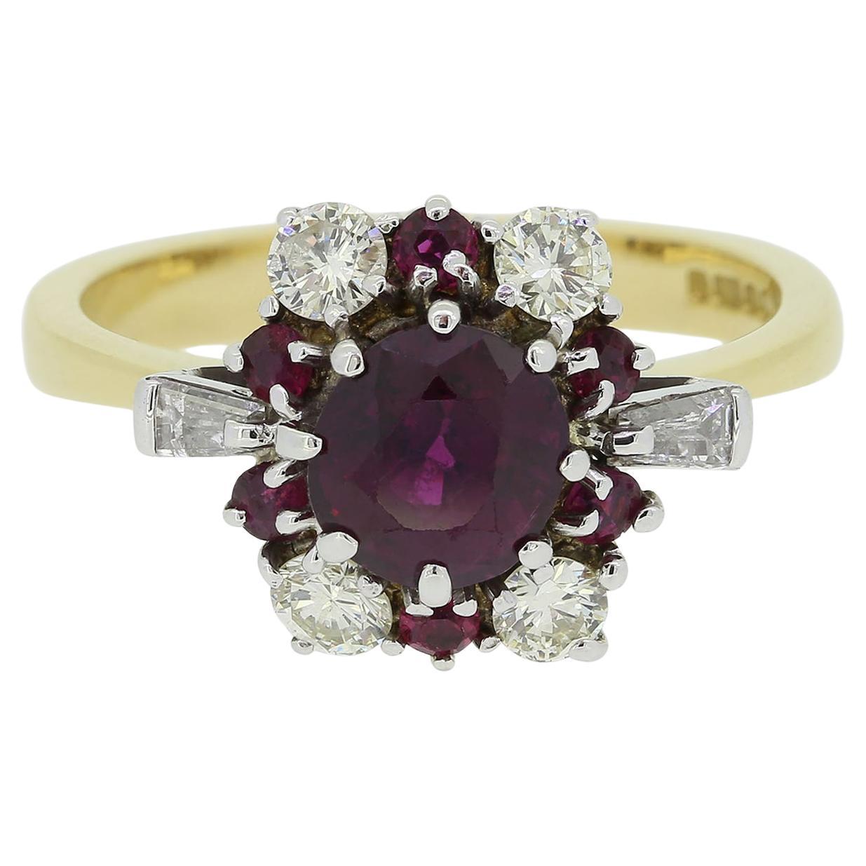 Vintage Ruby and Diamond Cluster Ring For Sale