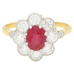 Vintage Ruby and Diamond Cluster Ring in 18k Yellow Gold and Platinum