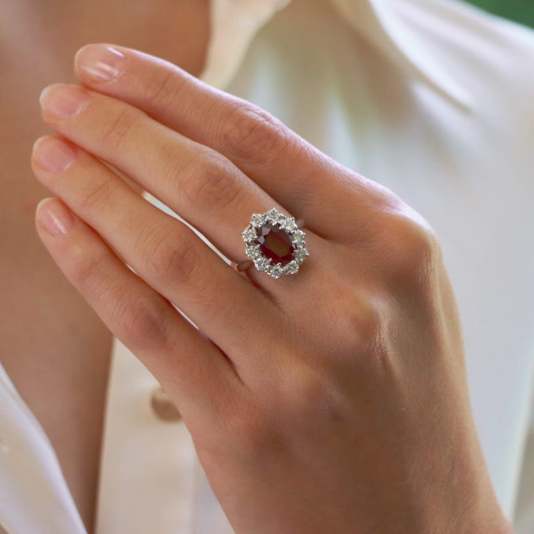 Modern Vintage Ruby and Diamond Cluster Ring Set in 18k White Gold For Sale