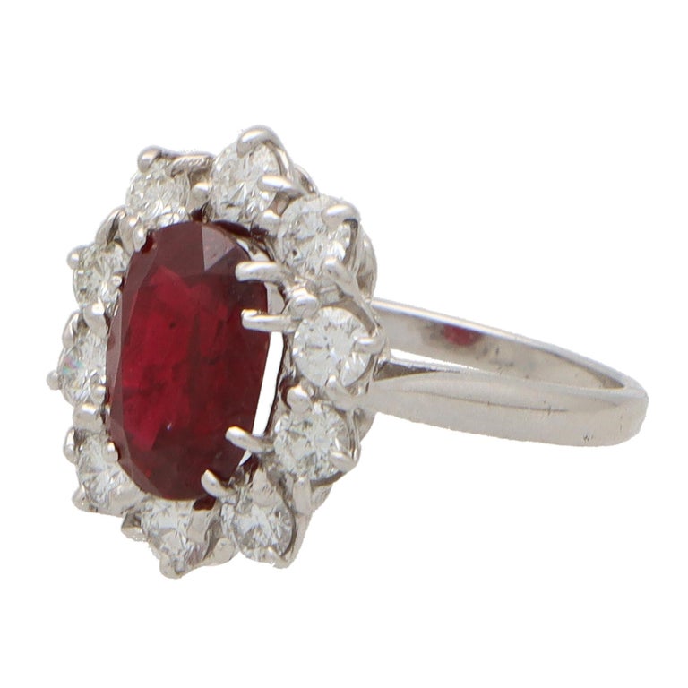 Oval Cut Vintage Ruby and Diamond Cluster Ring Set in 18k White Gold For Sale