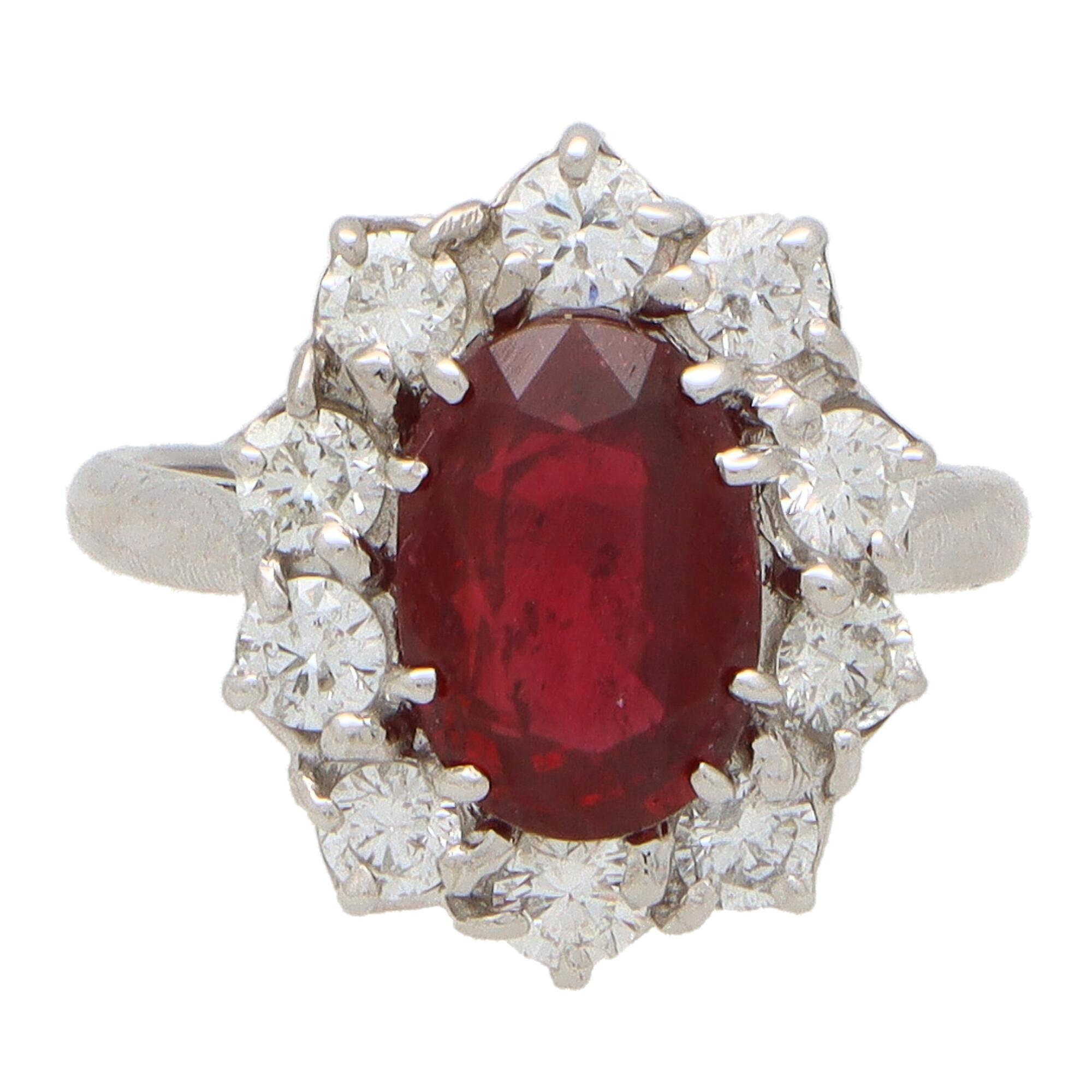 Modern Vintage Ruby and Diamond Cluster Ring Set in 18k White Gold