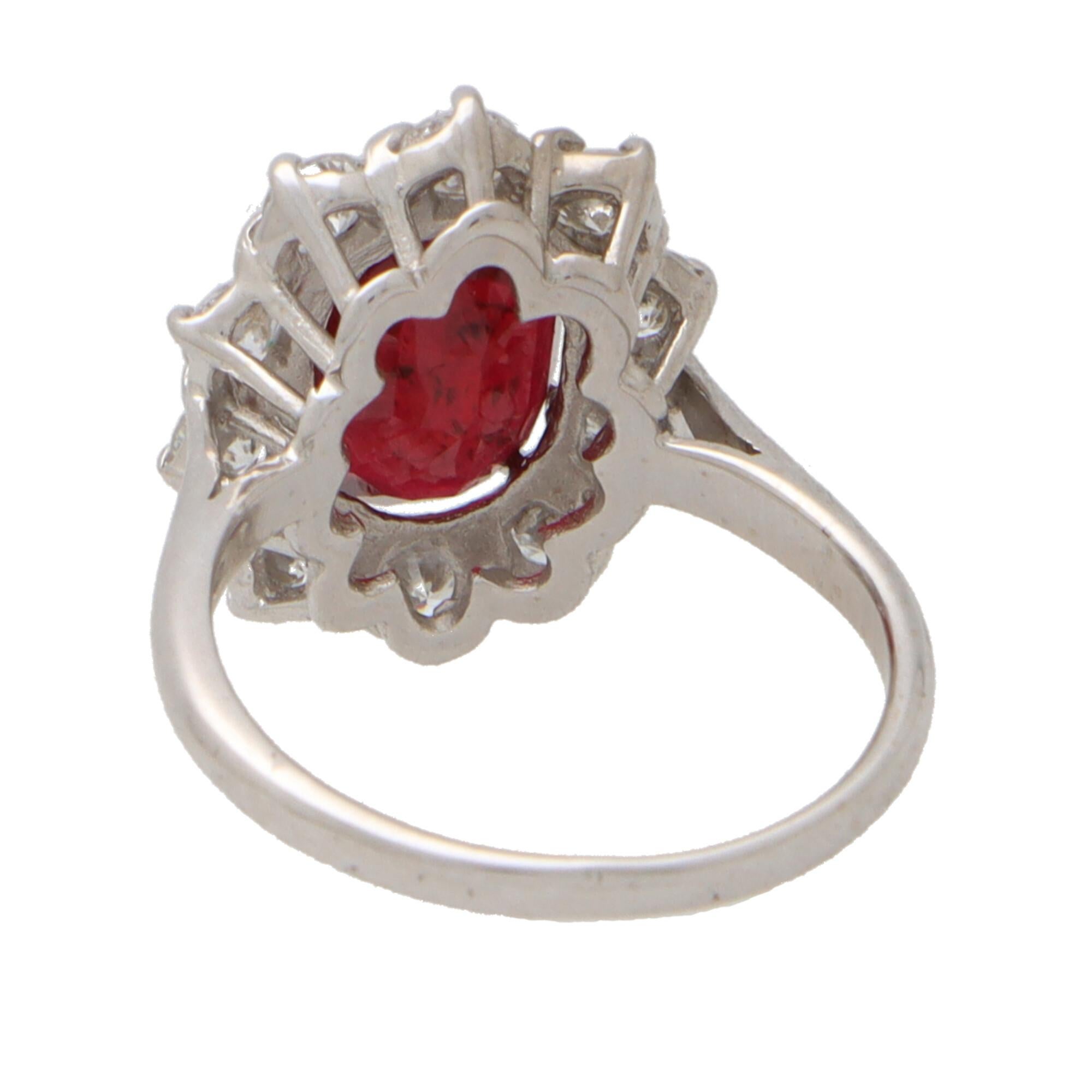 Vintage Ruby and Diamond Cluster Ring Set in 18k White Gold In Excellent Condition In London, GB