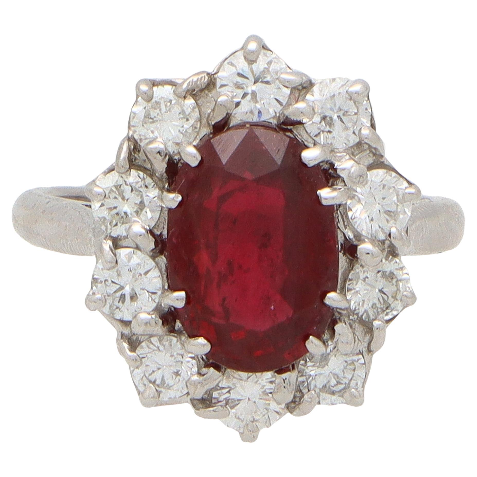 Vintage Ruby and Diamond Cluster Ring Set in 18k White Gold
