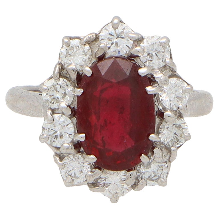 Vintage Ruby and Diamond Cluster Ring Set in 18k White Gold For Sale