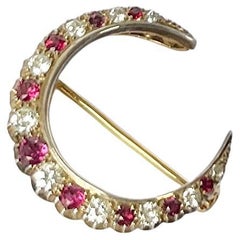 Antique Ruby and Diamond Crescent 18 Carat Gold Brooch