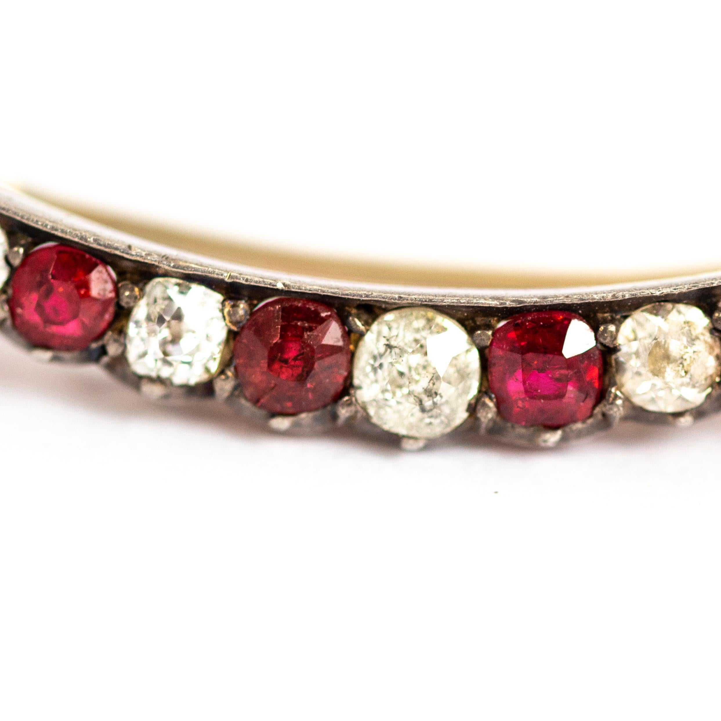Modern Vintage Ruby and Diamond Crescent Silver Brooch
