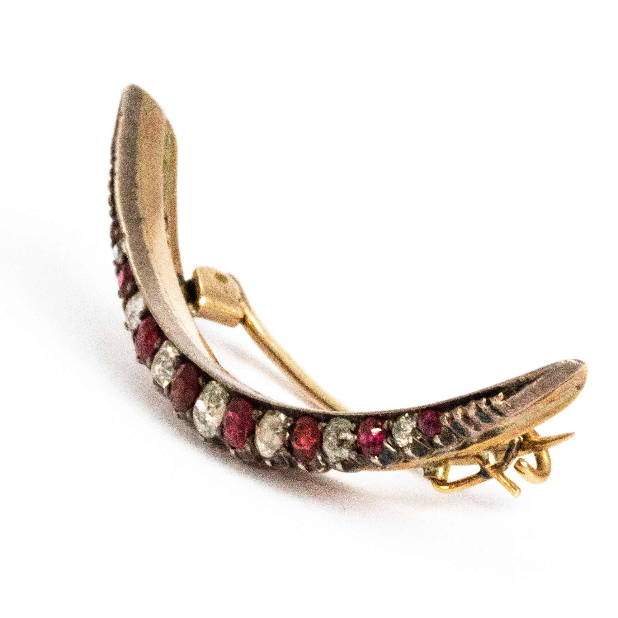 Vintage Ruby and Diamond Crescent Silver Brooch In Good Condition In Chipping Campden, GB