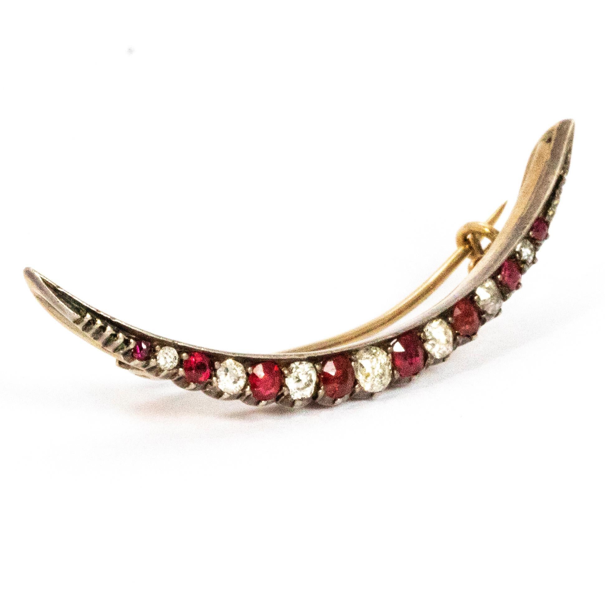 Vintage Ruby and Diamond Crescent Silver Brooch 1