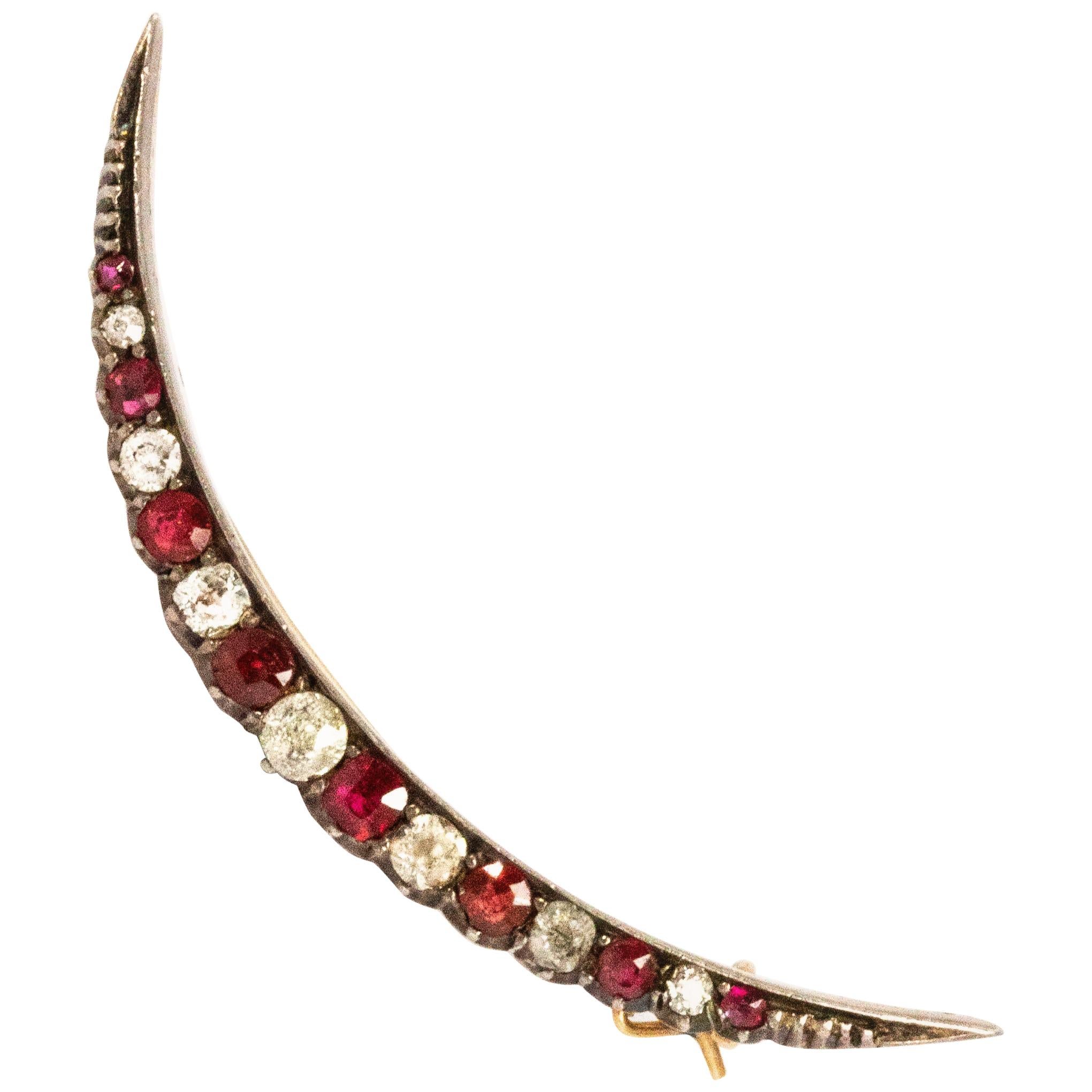 Vintage Ruby and Diamond Crescent Silver Brooch