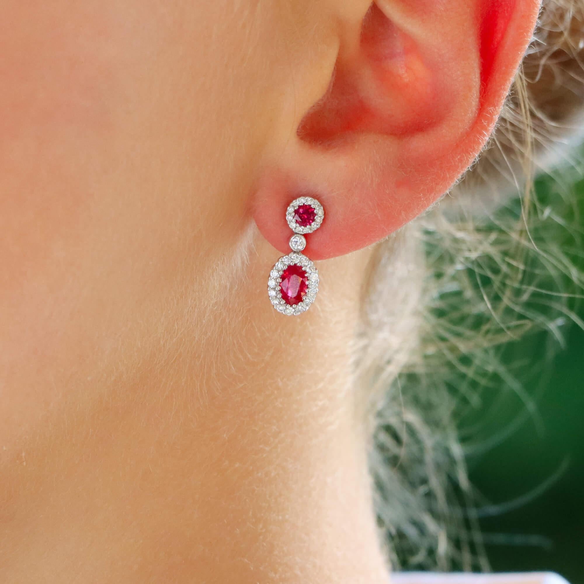 Modern Vintage Ruby and Diamond Double Cluster Drop Earrings in 18k White Gold