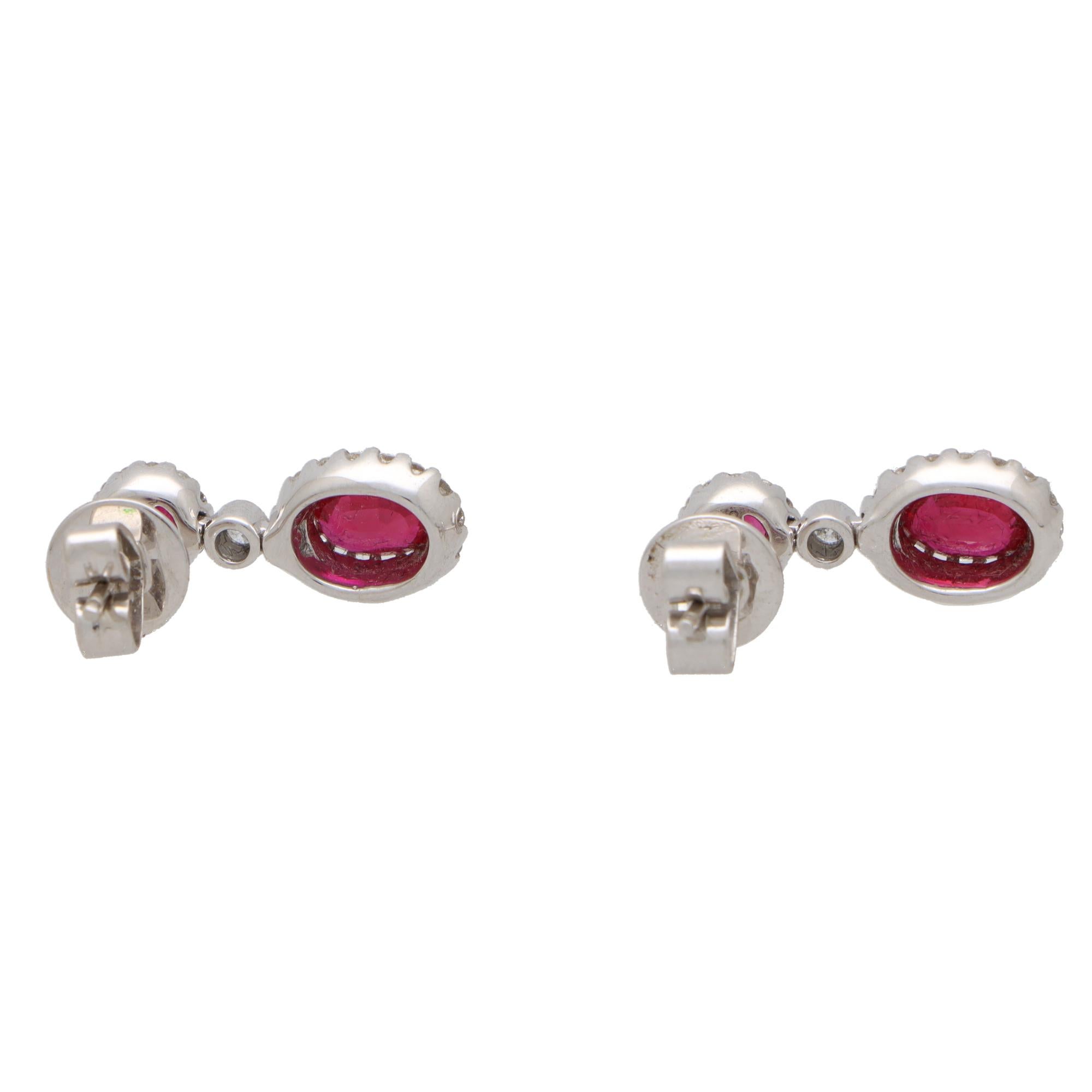 Round Cut Vintage Ruby and Diamond Double Cluster Drop Earrings in 18k White Gold