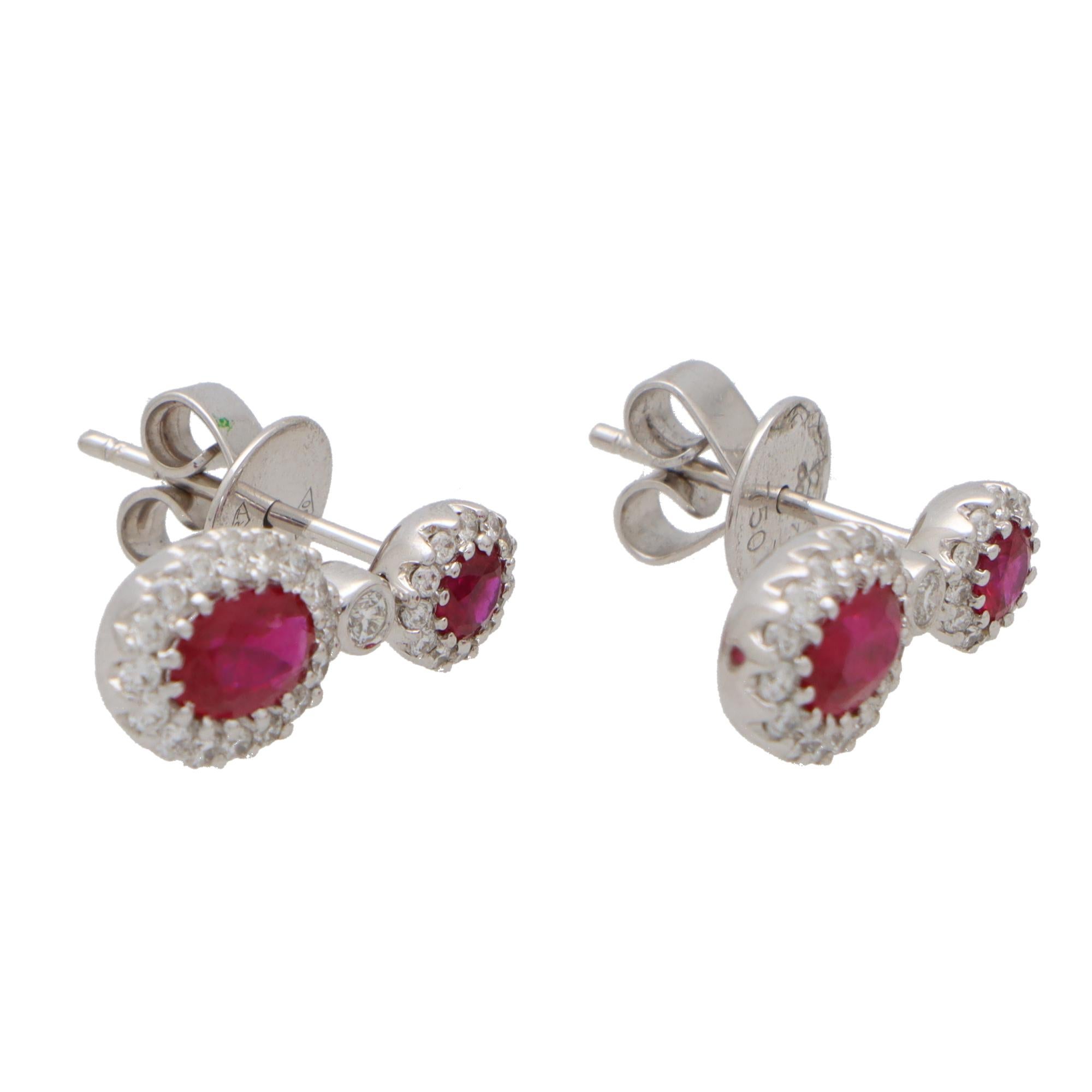 Vintage Ruby and Diamond Double Cluster Drop Earrings in 18k White Gold In Excellent Condition In London, GB