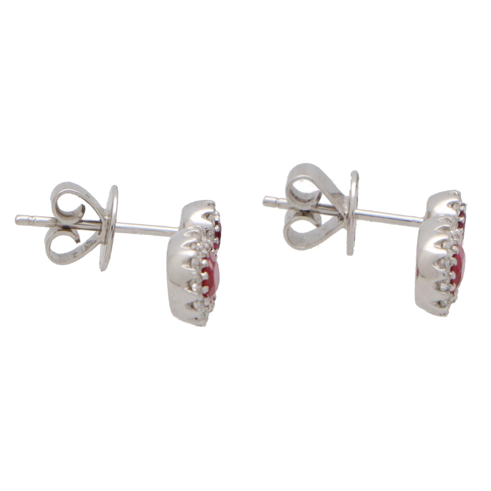 Women's or Men's Vintage Ruby and Diamond Double Cluster Drop Earrings in 18k White Gold