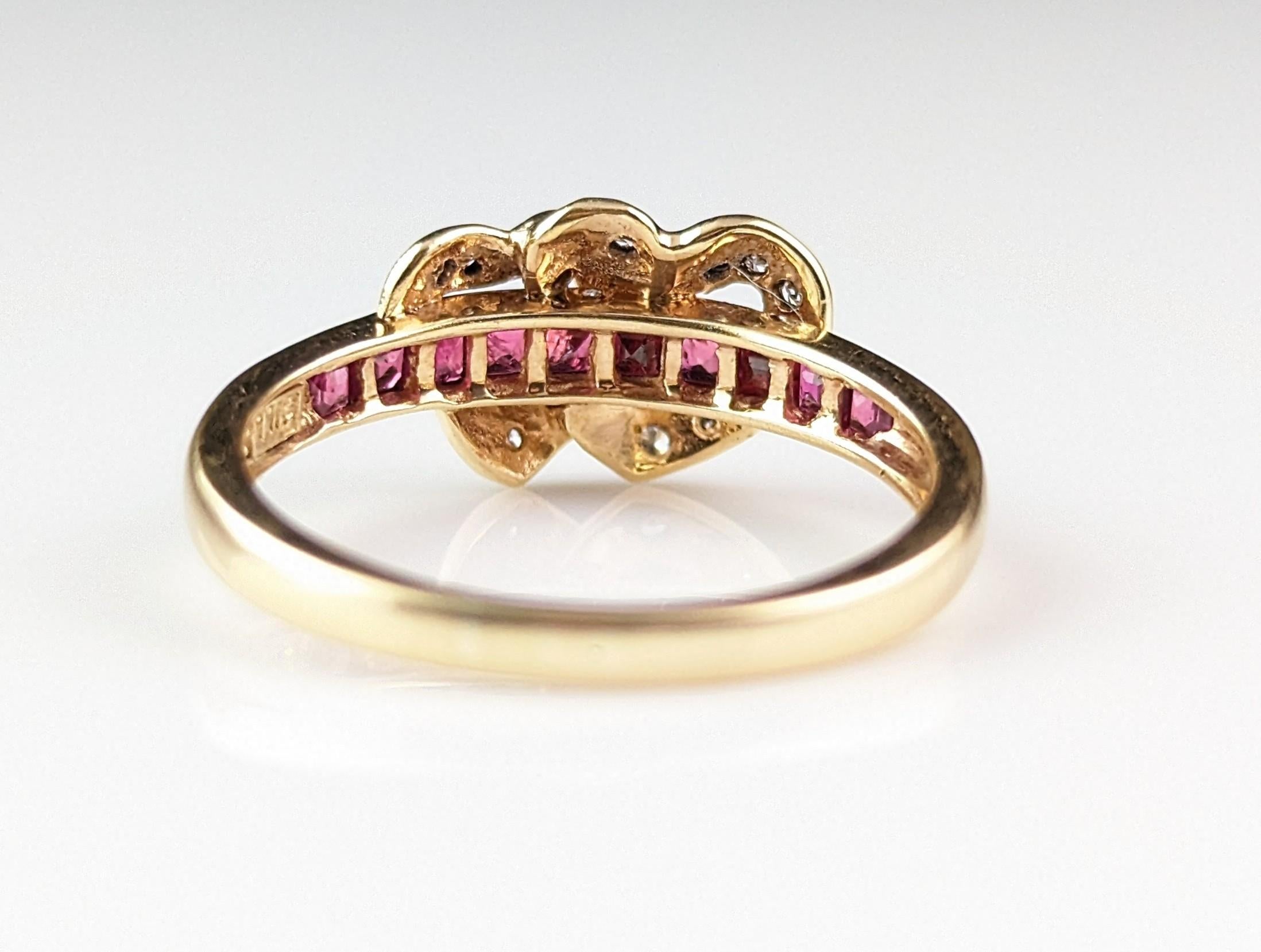 Vintage Ruby and Diamond double love heart ring, 14k yellow gold  2