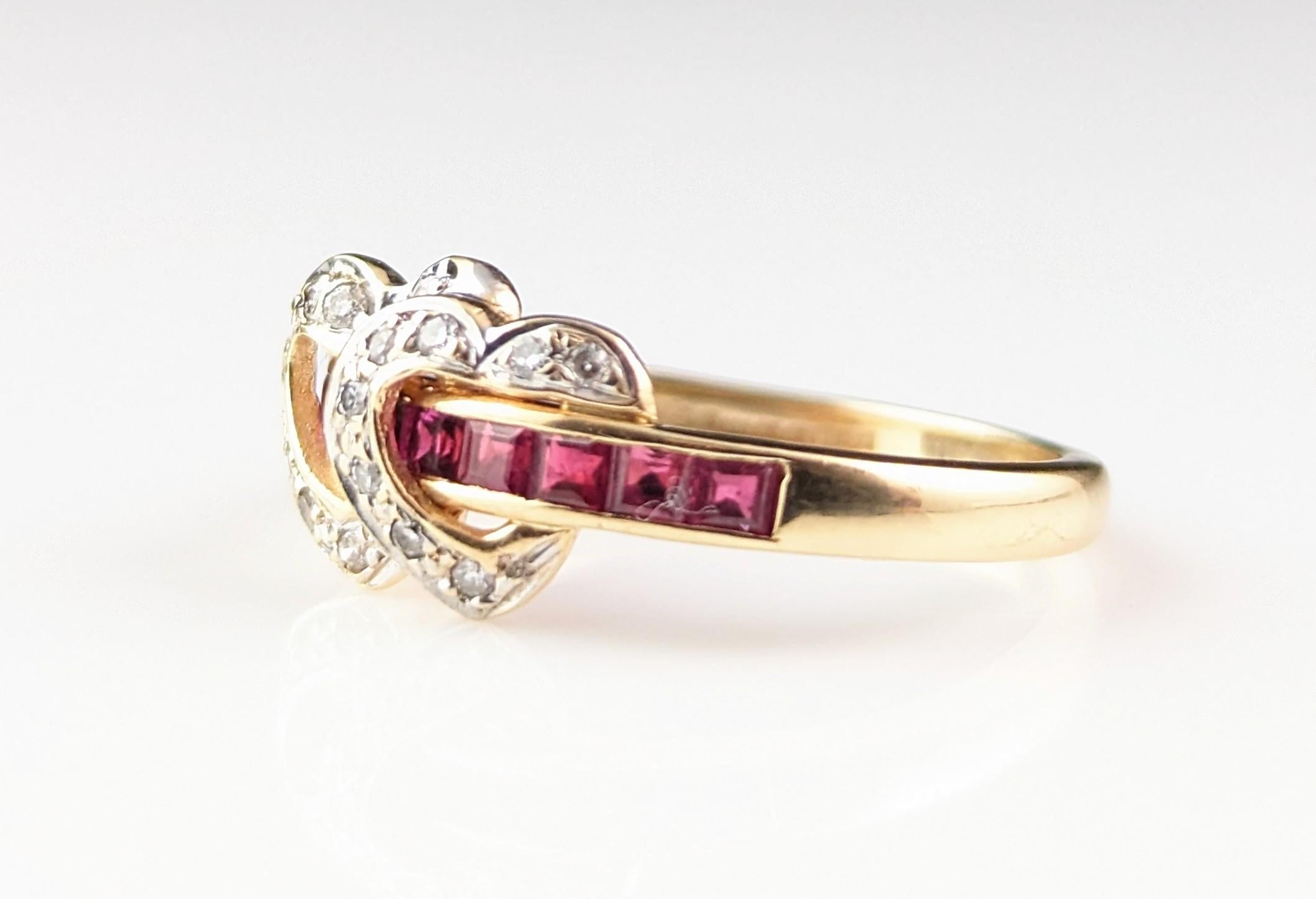 Vintage Ruby and Diamond double love heart ring, 14k yellow gold  3