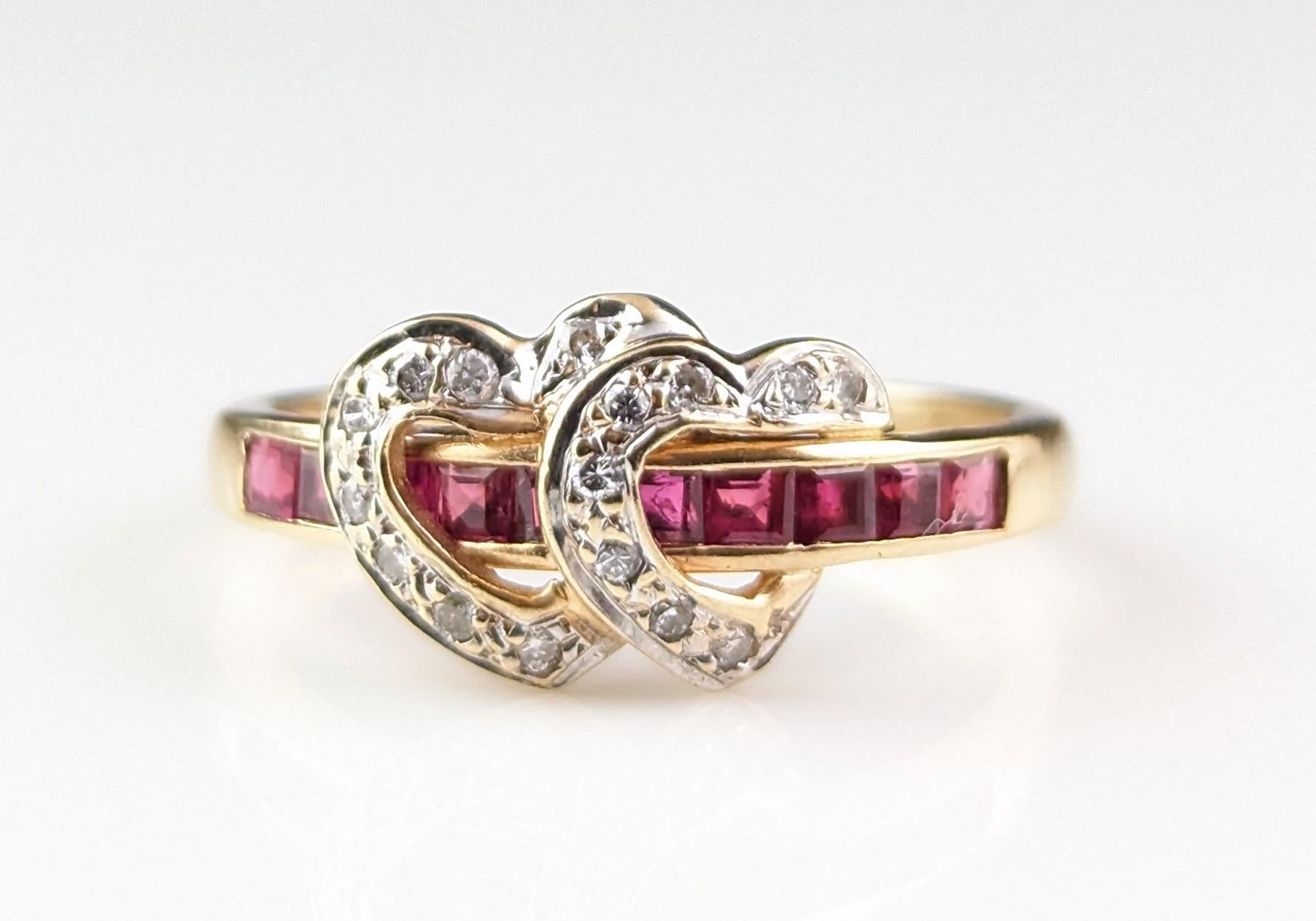 Vintage Ruby and Diamond double love heart ring, 14k yellow gold  4