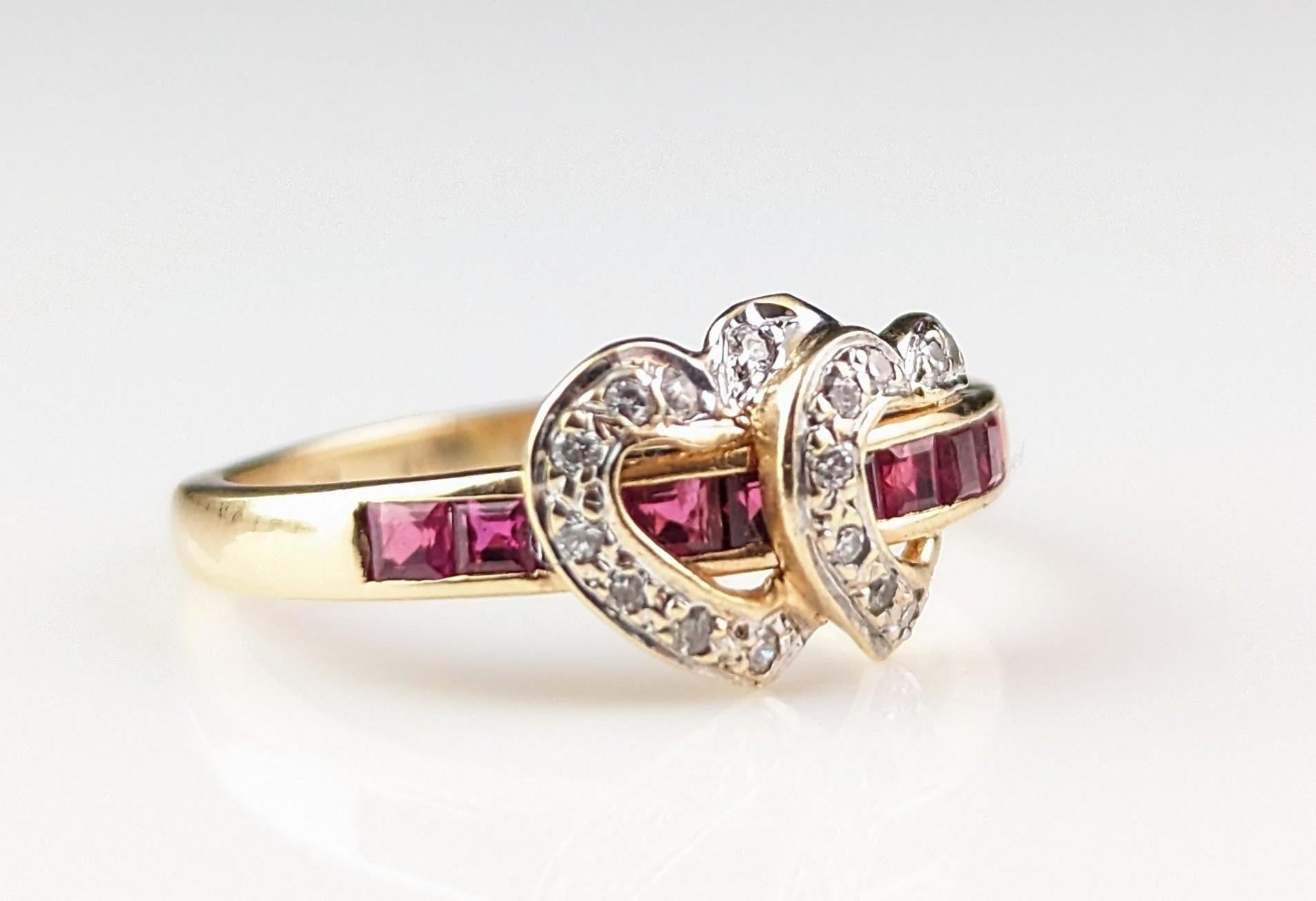 Vintage Ruby and Diamond double love heart ring, 14k yellow gold  5