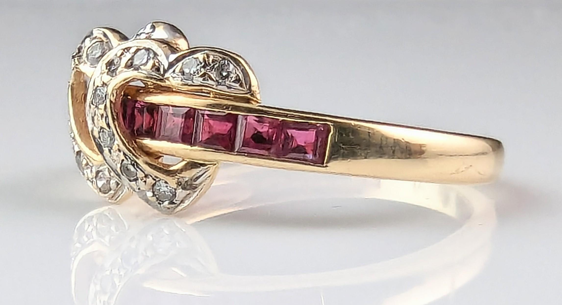 Vintage Ruby and Diamond double love heart ring, 14k yellow gold  9