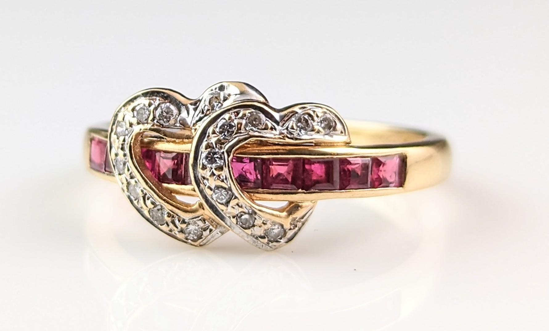 Women's Vintage Ruby and Diamond double love heart ring, 14k yellow gold 
