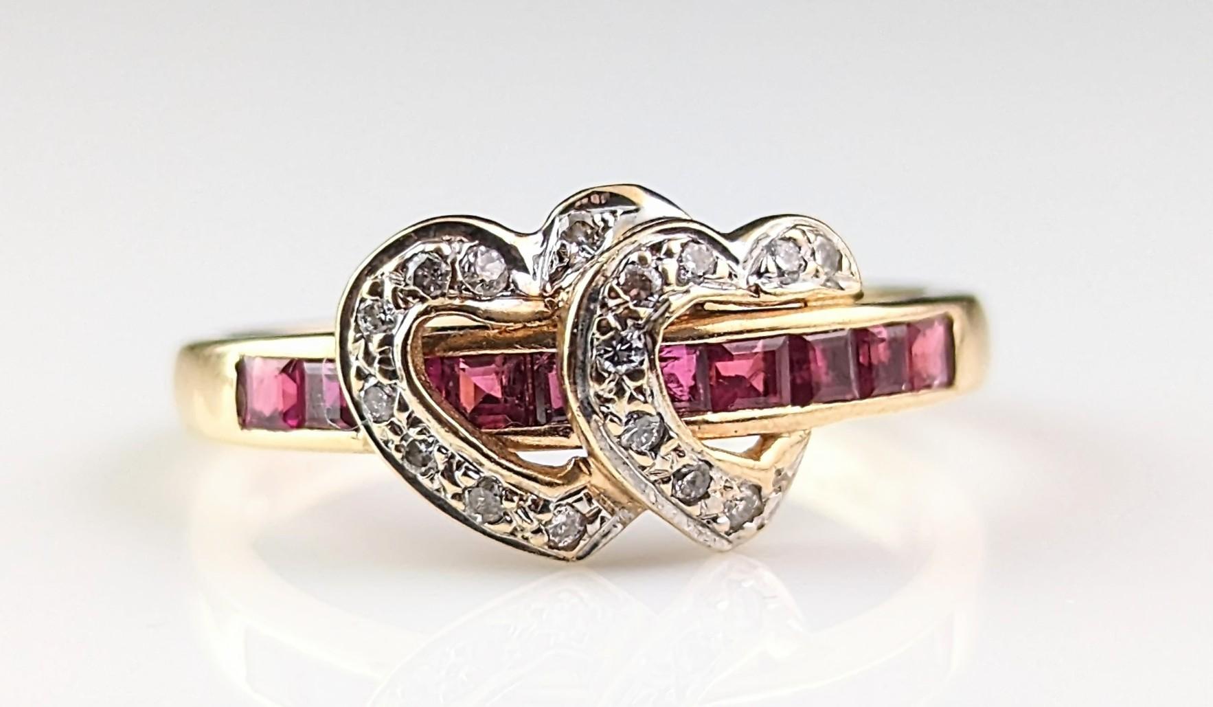 Vintage Ruby and Diamond double love heart ring, 14k yellow gold  1