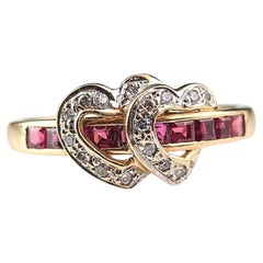Retro Ruby and Diamond double love heart ring, 14k yellow gold 