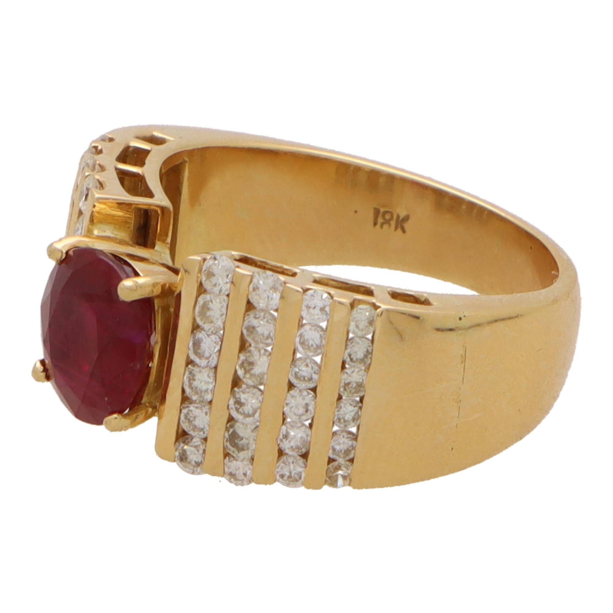 Vintage Ruby and Diamond Dress Ring in 18k Yellow Gold In Excellent Condition In London, GB