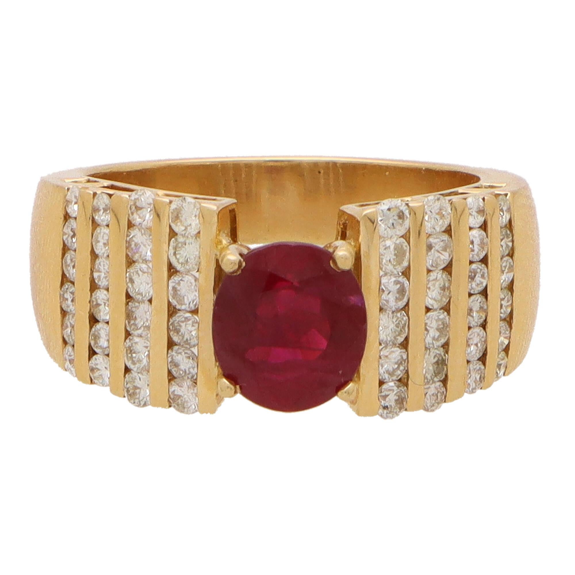 Women's or Men's Vintage Ruby and Diamond Dress Ring in 18k Yellow Gold