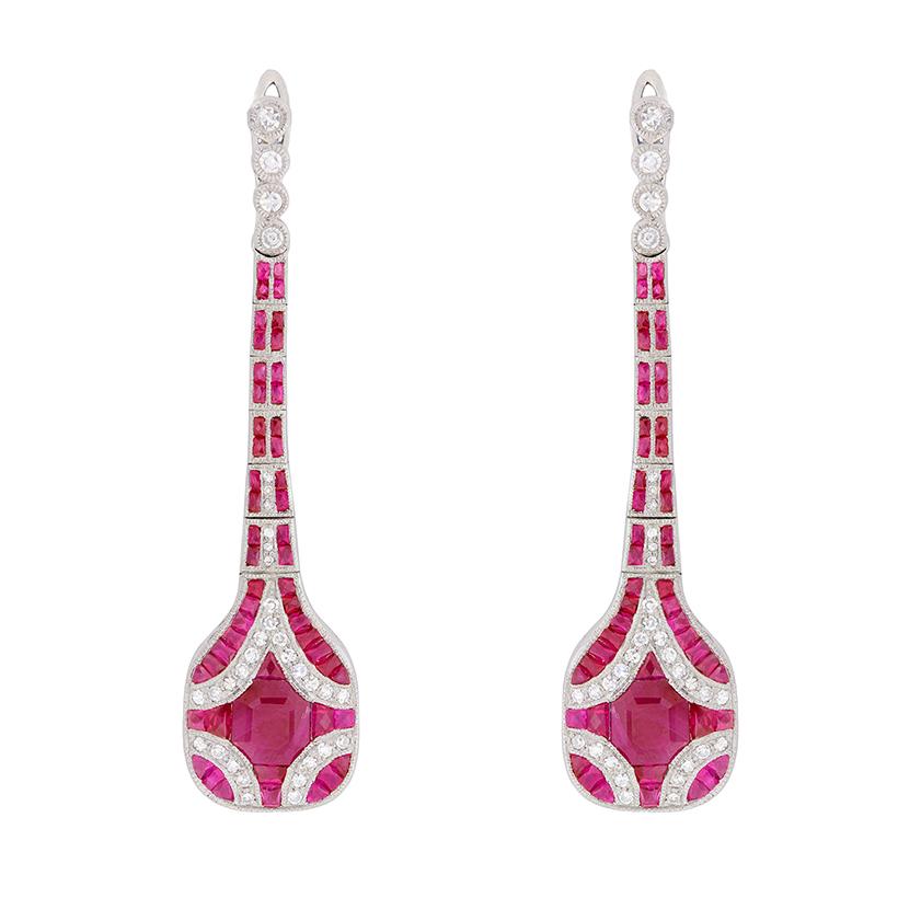 Vintage Ruby and Diamond Drop Earrings, circa 1950s In Excellent Condition In London, GB