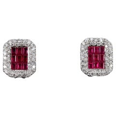 Vintage Ruby and Diamond Drop Earrings, Halo Ruby Gold Earrings for her