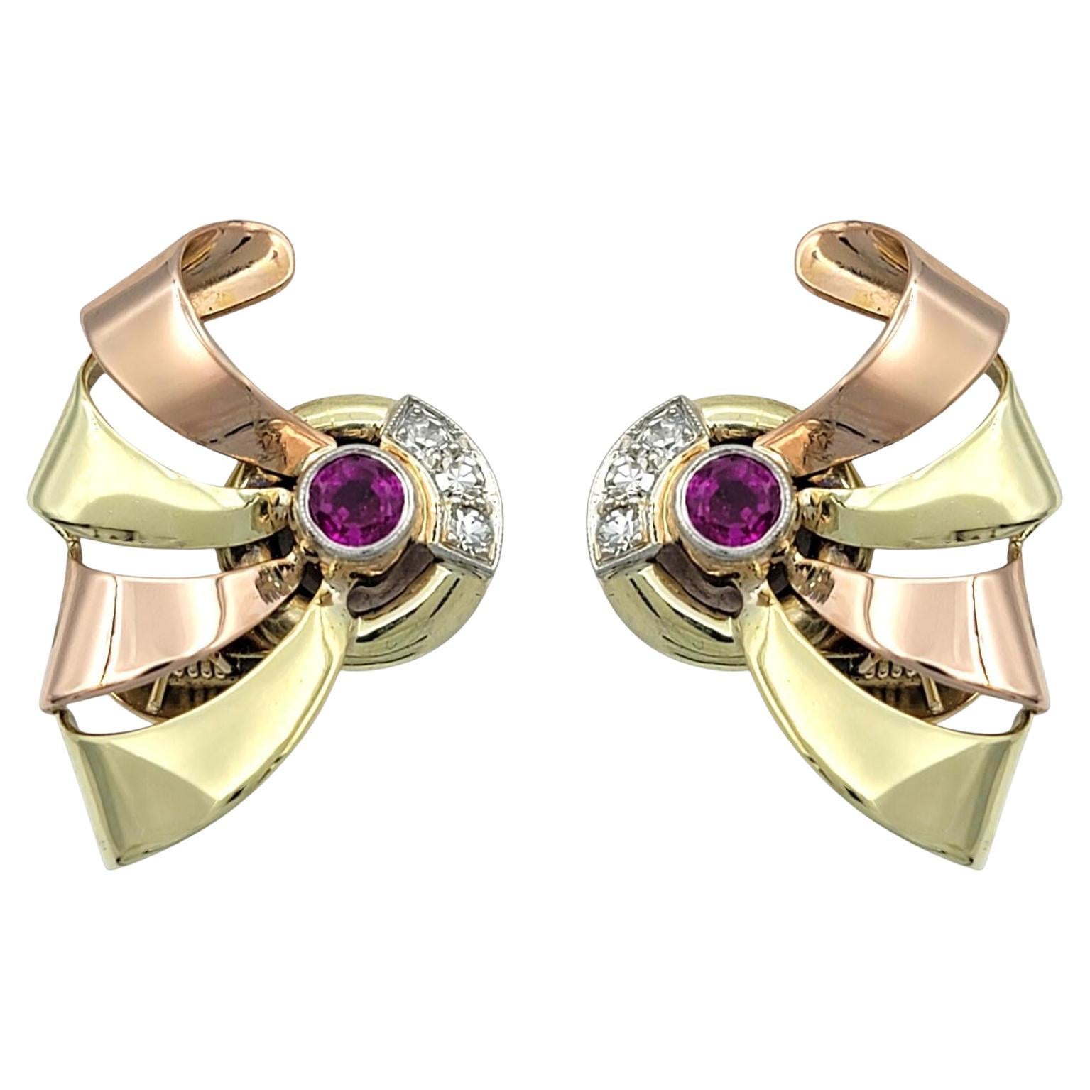 Vintage Ruby and Diamond Fan Motif Clip On Earrings in Tri-Tone 14 Karat Gold