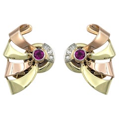 Vintage Ruby and Diamond Fan Motif Clip On Earrings in Tri-Tone 14 Karat Gold