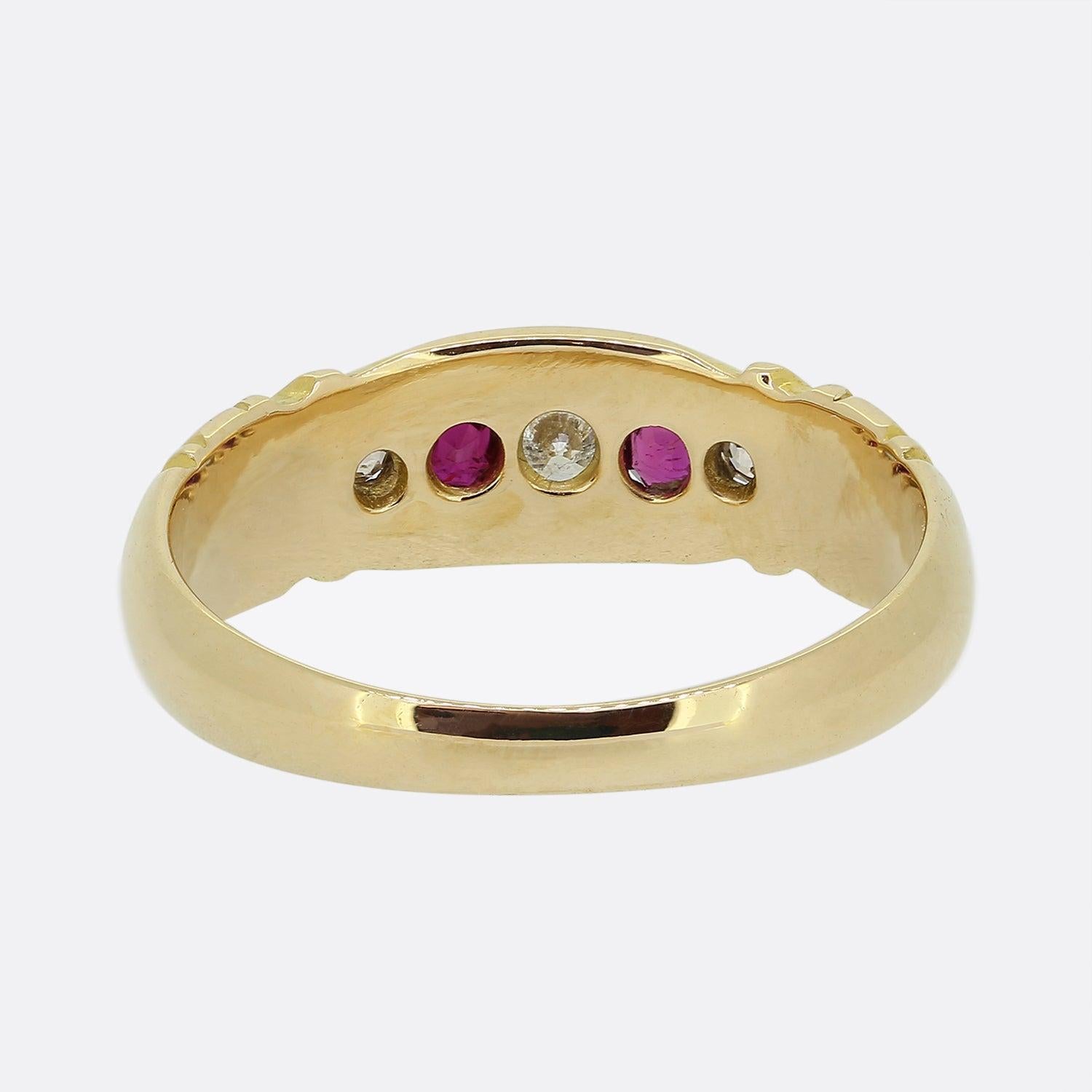 Brilliant Cut Vintage Ruby and Diamond Five-Stone Ring For Sale