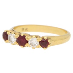 Vintage Ruby and Diamond Five Stone Ring Set in 18k Yellow Gold