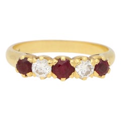Retro Ruby and Diamond Five Stone Ring Set in 18k Yellow Gold
