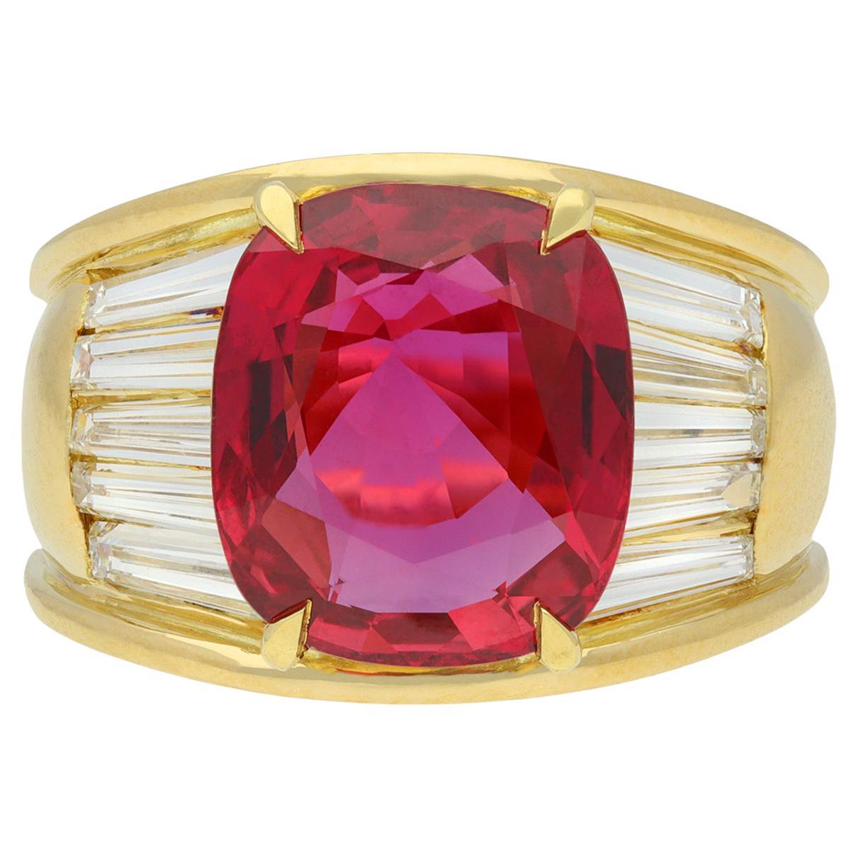 Vintage Ruby and Diamond Flanked Solitaire Ring, circa 1970 For Sale