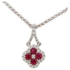 Vintage Ruby and Diamond Floral Cluster Pendant Necklace Set in 18k White Gold