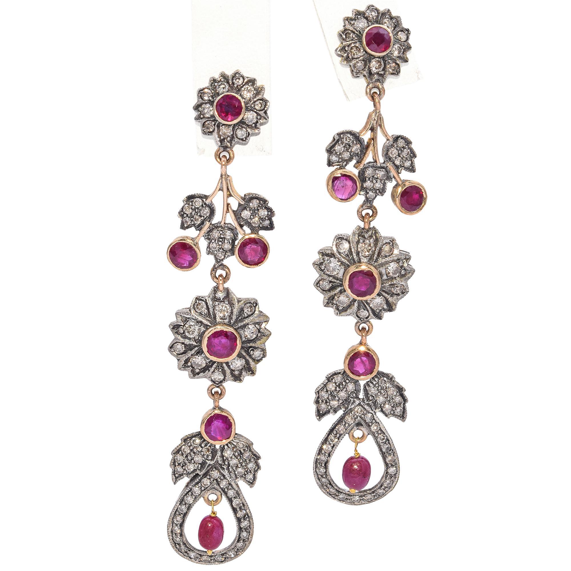 Round Cut Vintage Ruby and Diamond Floral Drop Earrings For Sale