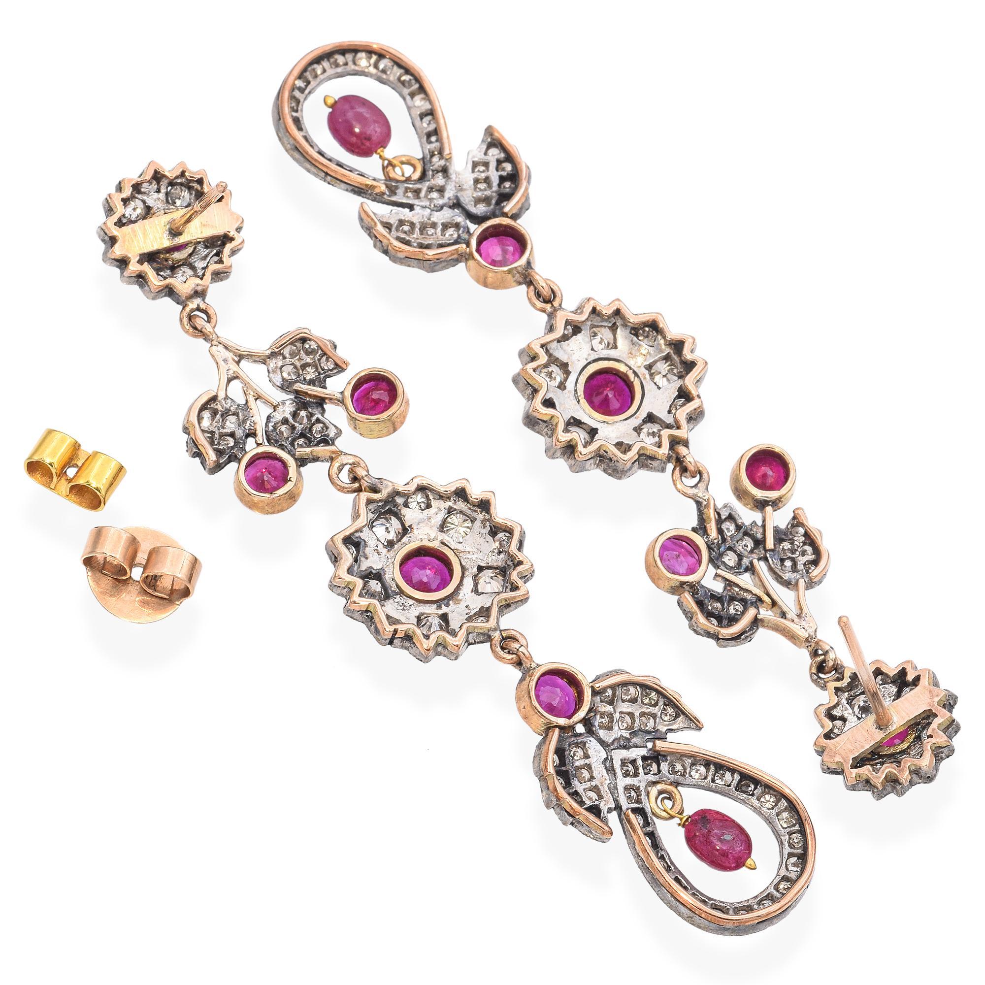 Vintage Ruby and Diamond Floral Drop Earrings In Good Condition For Sale In New York, NY