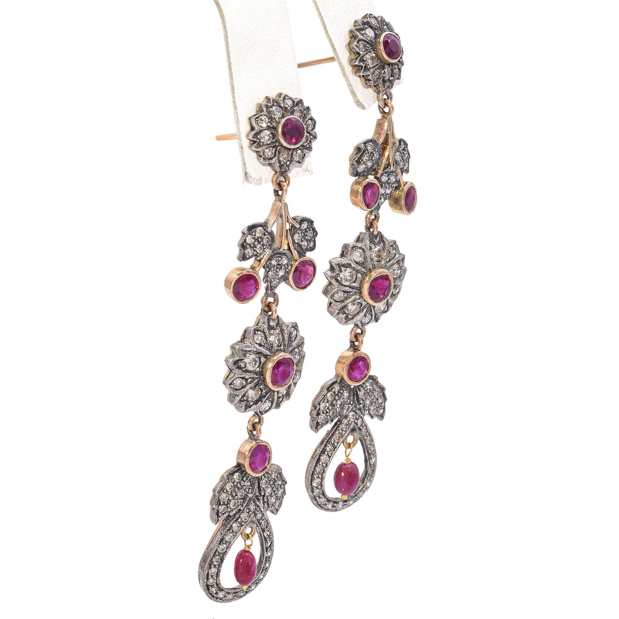 Women's Vintage Ruby and Diamond Floral Drop Earrings For Sale