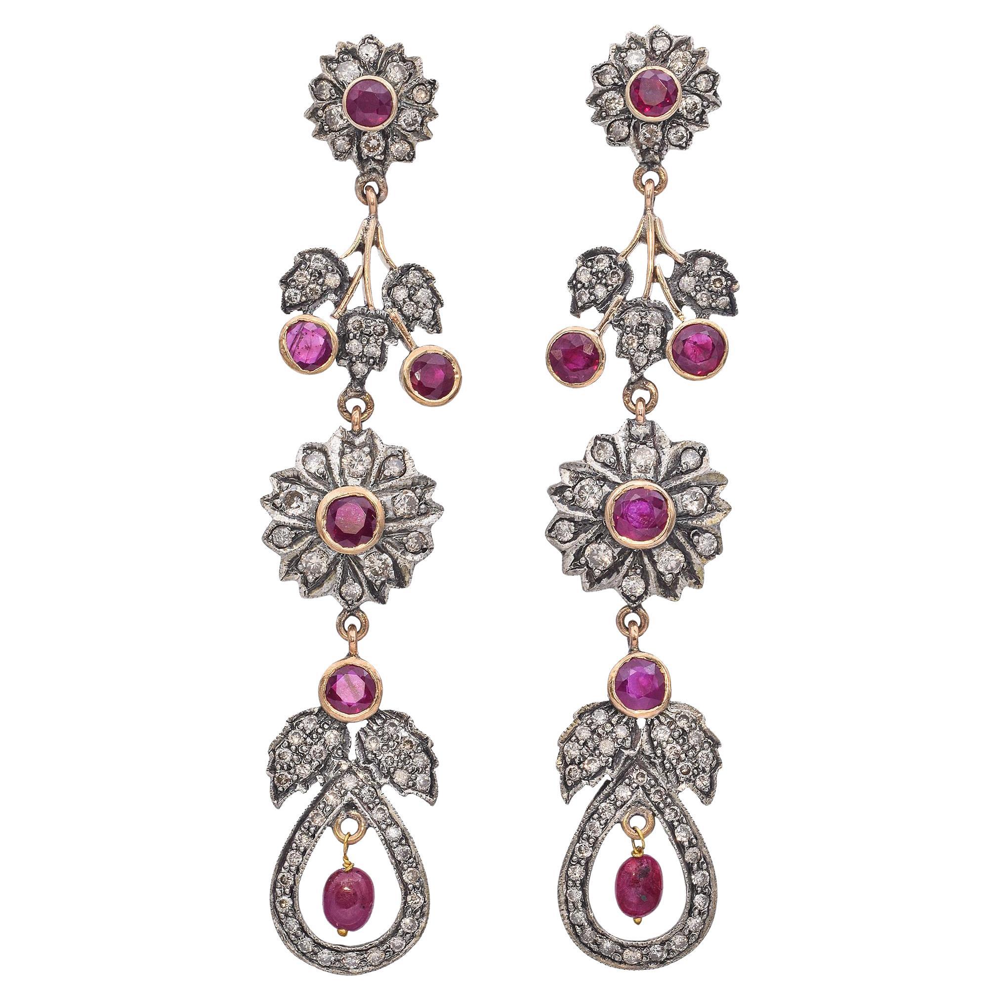 Vintage Ruby and Diamond Floral Drop Earrings