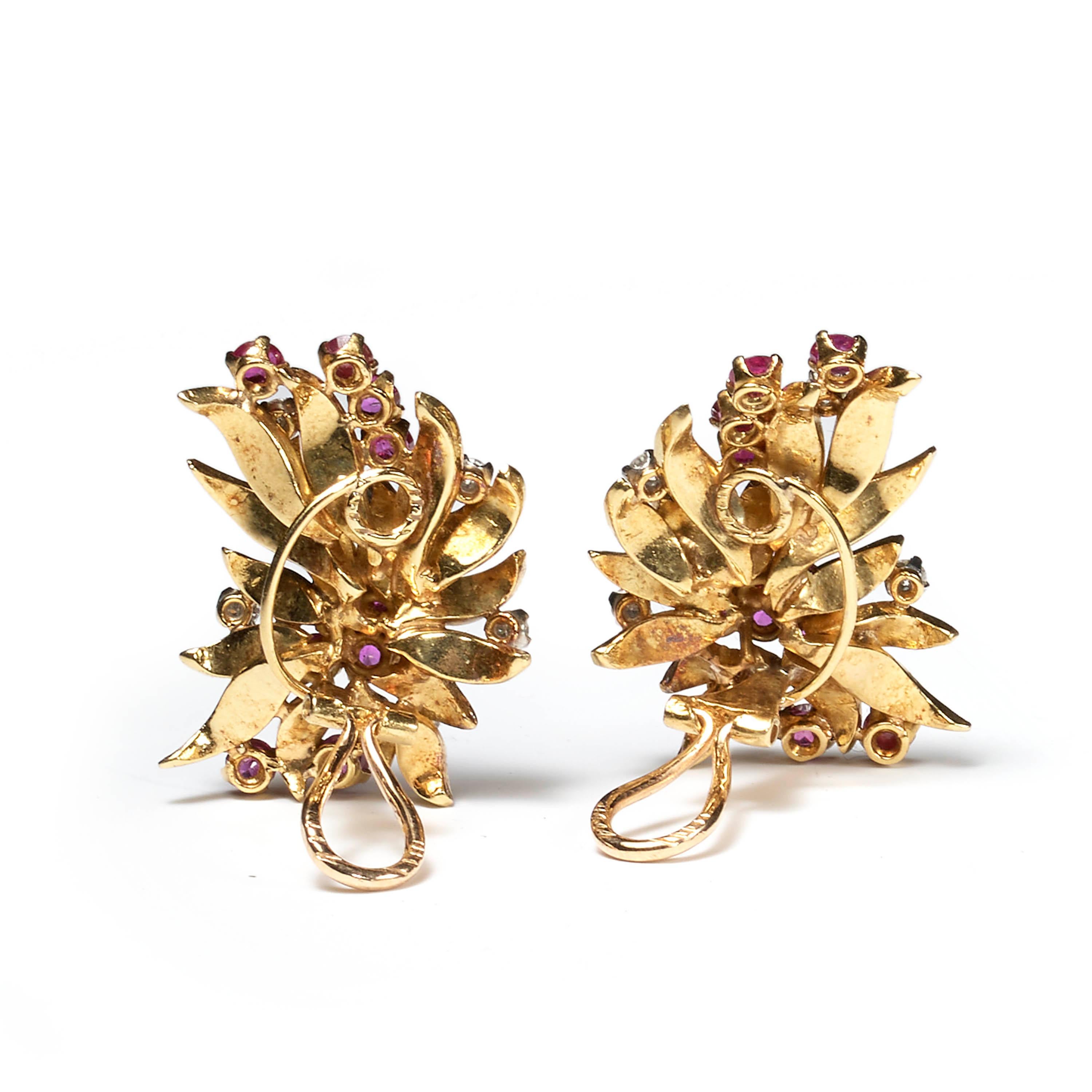 Retro Vintage Ruby and Diamond Floral Earrings