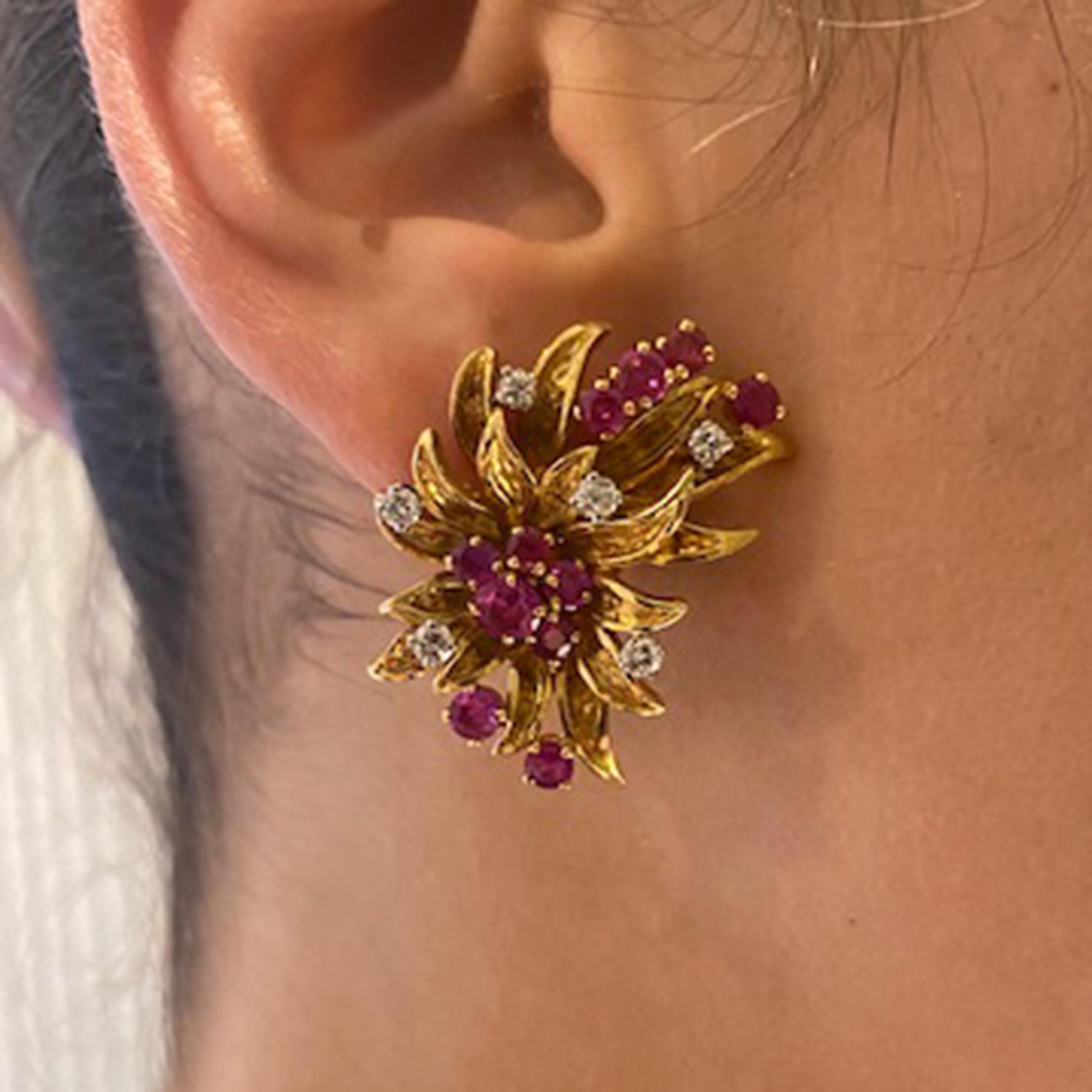 Round Cut Vintage Ruby and Diamond Floral Earrings