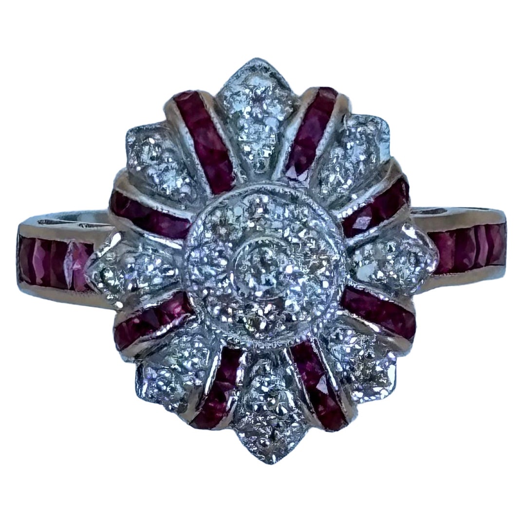 Vintage Ruby and Diamond Floral Ring in 18K White Gold For Sale
