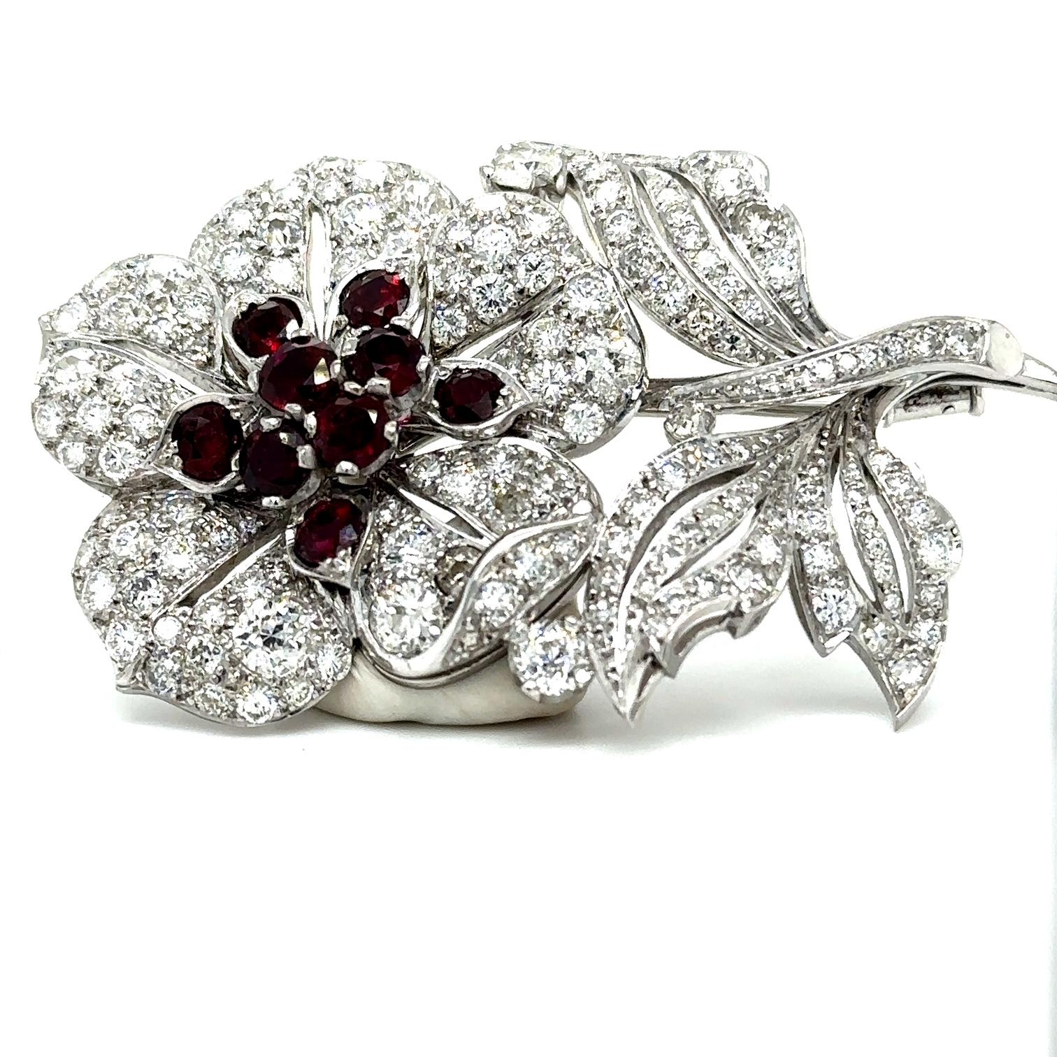 Old Mine Cut Vintage Ruby and Diamond Flower Brooch For Sale
