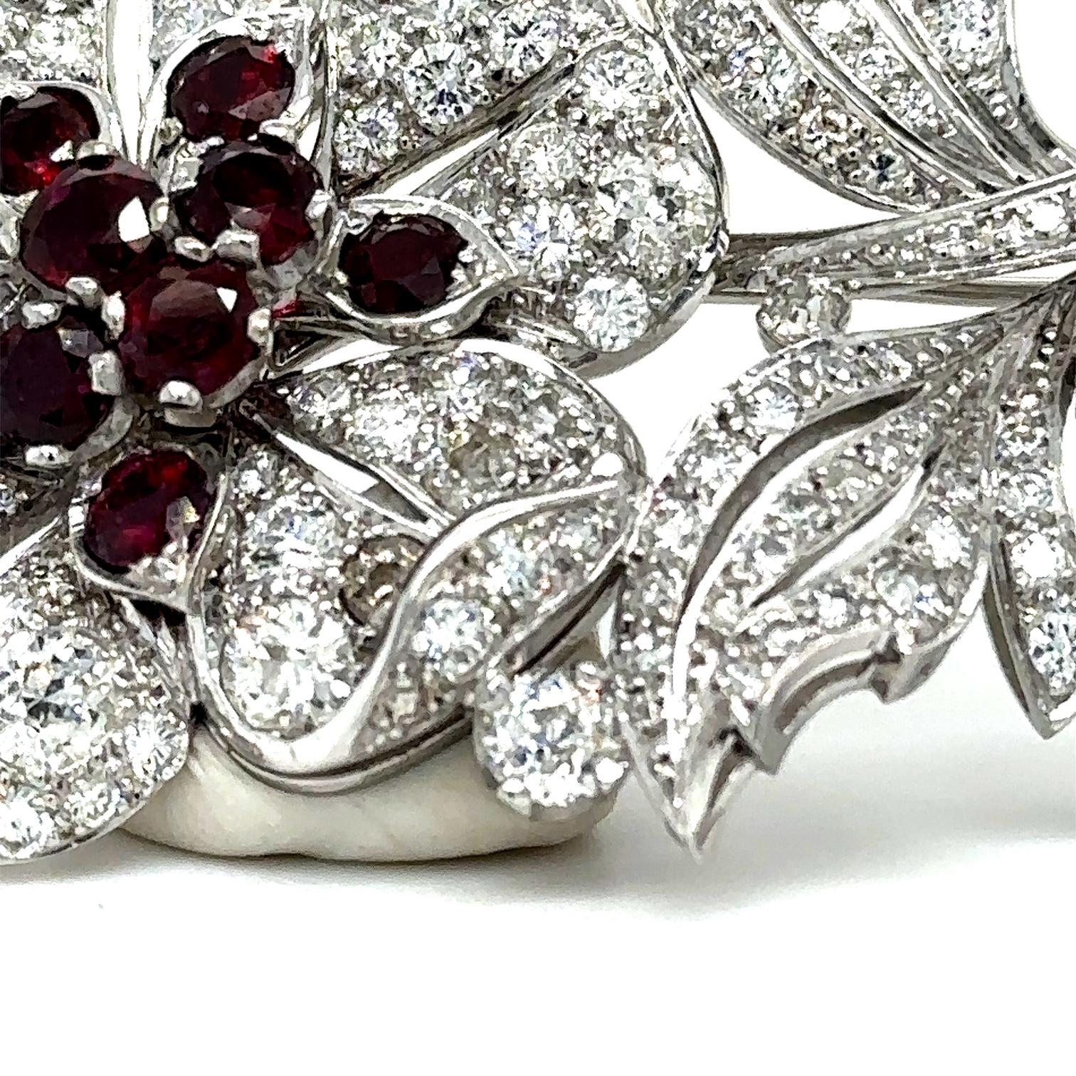 Women's or Men's Vintage Ruby and Diamond Flower Brooch For Sale