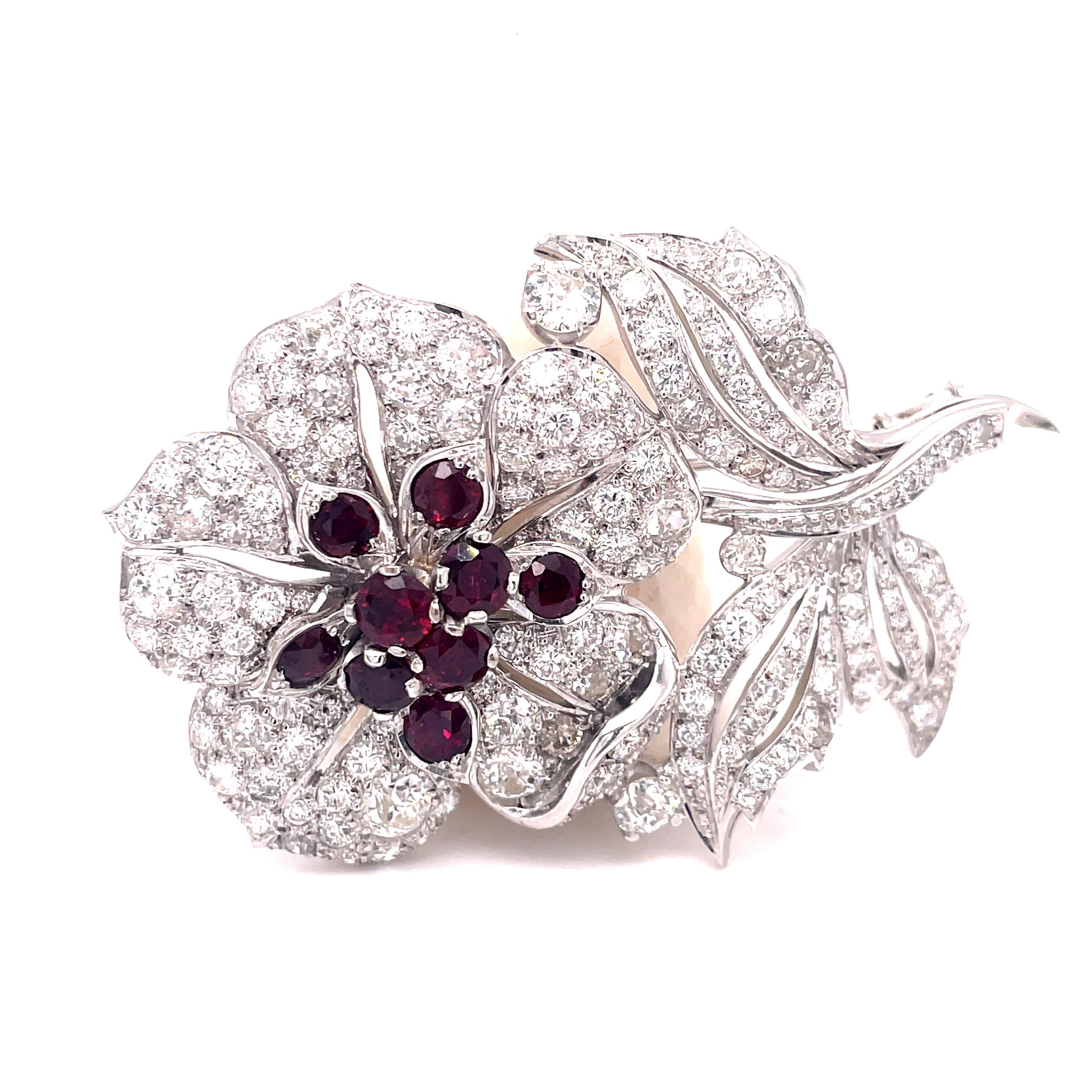 Vintage Ruby and Diamond Flower Brooch For Sale